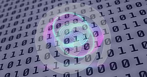 Image of neon circles over digital screen with binary code