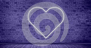 Image of neon heart icon over brick wall purple background