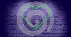 Image of neon heart icon over brick wall purple background