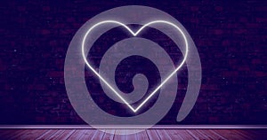 Image of neon heart icon over brick wall purple background
