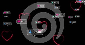 Image of neon hearts over social media reaction on black background