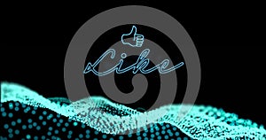 Image of neon like and hand up over black background with blue glitter photo