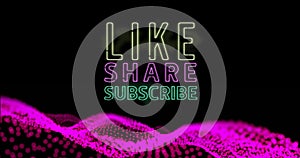 Image of neon like share subscribe text over abstract waving mesh with pink spots photo