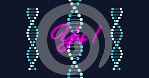 Image of neon purple yes text banner over spinning dna structures against black background