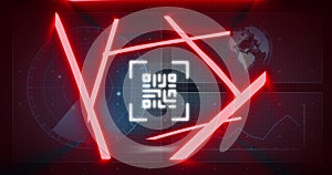 Image of neon qr code with lines over data processing and scope scanning on black background