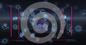 Image of neon qr code with lines over data processing and scope scanning on black background
