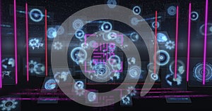 Image of neon qr code with lines over data processing and scope scanning on black background