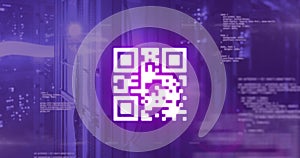Image of neon qr code with lines over data processing and server room