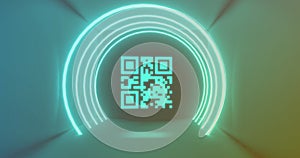 Image of neon qr code scanner and light trails against blue background