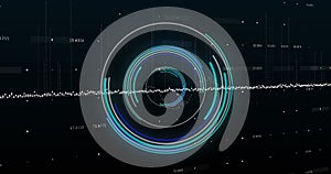 Image of neon round scanner over data processing against black background