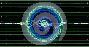 Image of neon round scanner over data processing against black background