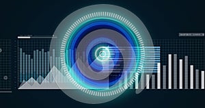 Image of neon round scanner over statistical data processing against blue background