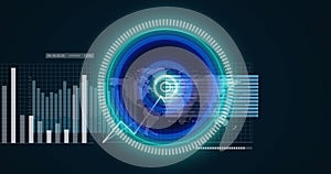 Image of neon round scanner over statistical data processing against blue background