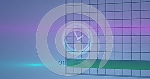 Image of neon ticking clock over statistical data processing against blue background