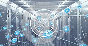 Image of network of connecions and digital data processing over computer servers