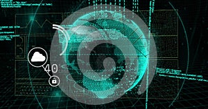 Image of network of connections, binary coding data processing over globe