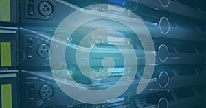 Image of network of connections and data processing against close up of a computer server