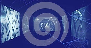 Image of network of connections and data processing over blue background