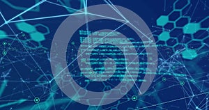 Image of network of connections with data processing over blue background