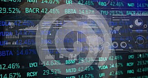 Image of network of connections and data processing over dark background