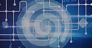 Image of network of connections and data processing over globe on grid