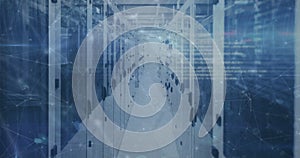 Image of network of connections and data processing over server room