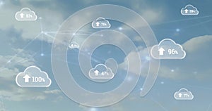 Image of network of connections with digital clouds over blue sky and clouds