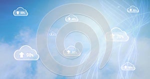 Image of network of connections with digital clouds over blue sky and clouds