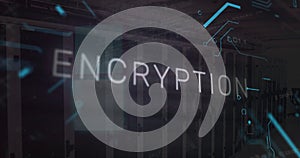 Image of network of connections and encryption text over server room