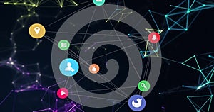 Image of network of connections with icons on black background photo