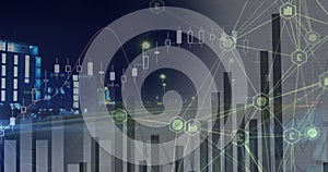 Image of network of connections with icons and data processing over cityscape