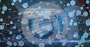 Image of network of connections, icons and data processing over globe