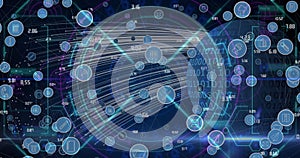 Image of network of connections, icons and data processing over globe