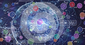 Image of network of connections with icons and data processing over world map