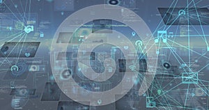 Image of network of connections with icons over data processing and cityscape