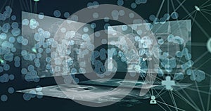 Image of network of connections with icons over data processing