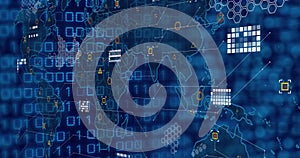Image of network of connections with icons over data processing