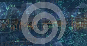 Image of network of connections with icons over data processing