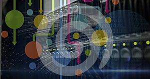 Image of network of connections over computer server and globe with binary coding in background