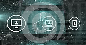 Image of network of connections over data processing on black background