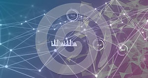 Image of network of connections over data processing on purple background