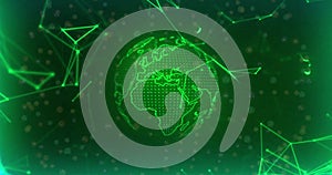 Image of network of connections over globe on black background