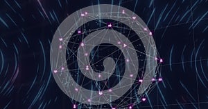 Image of network of connections over lights moving on black background