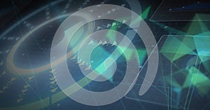 Image of network of connections over scope scanning and data processing on screens