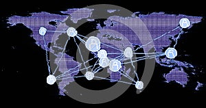 Image of network of connections with people icons over world map on black background