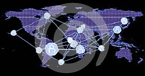 Image of network of connections with people icons over world map on black background