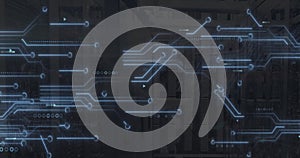 Image of network of connections and server room over diagrams
