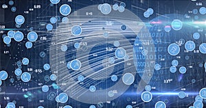 Image of network of digital icons against binary coding on globe against light trails