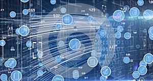 Image of network of digital icons against binary coding on globe against light trails
