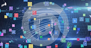 Image of network of digital icons against binary coding on globe against light trails